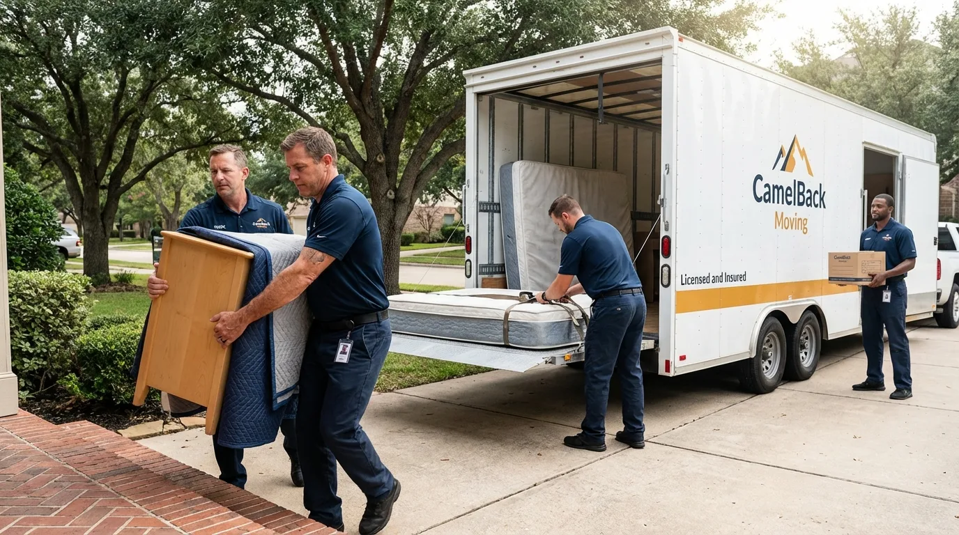 Crew loading residential truck for cross-state move from West Linn, OR