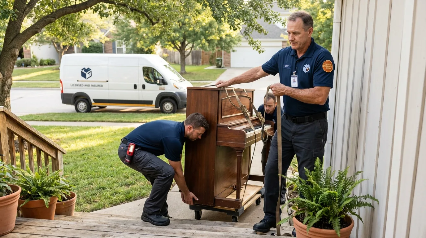 Licensed piano movers securing grand piano in West Linn, OR