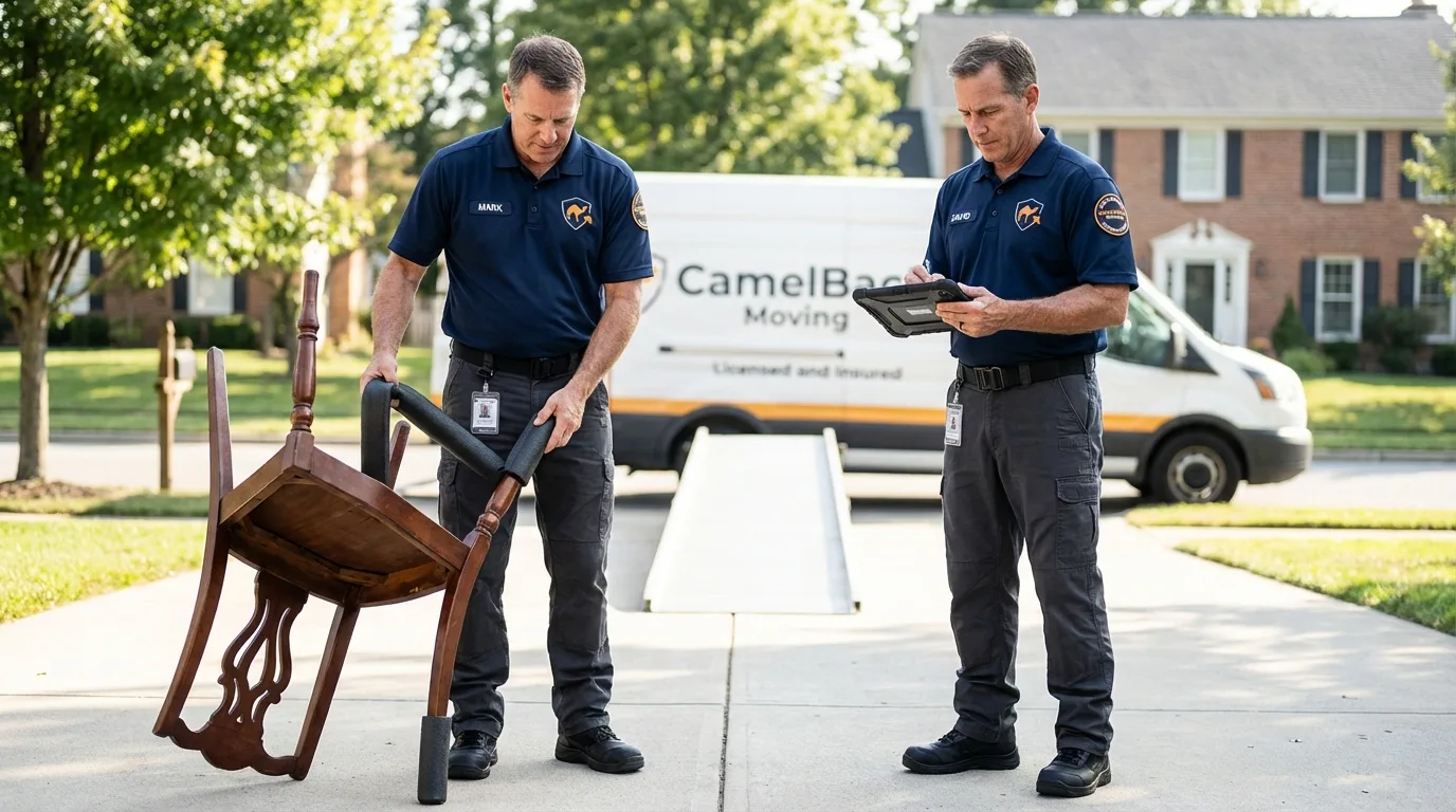Movers inspecting furniture for damage prevention before loading in West Linn, OR