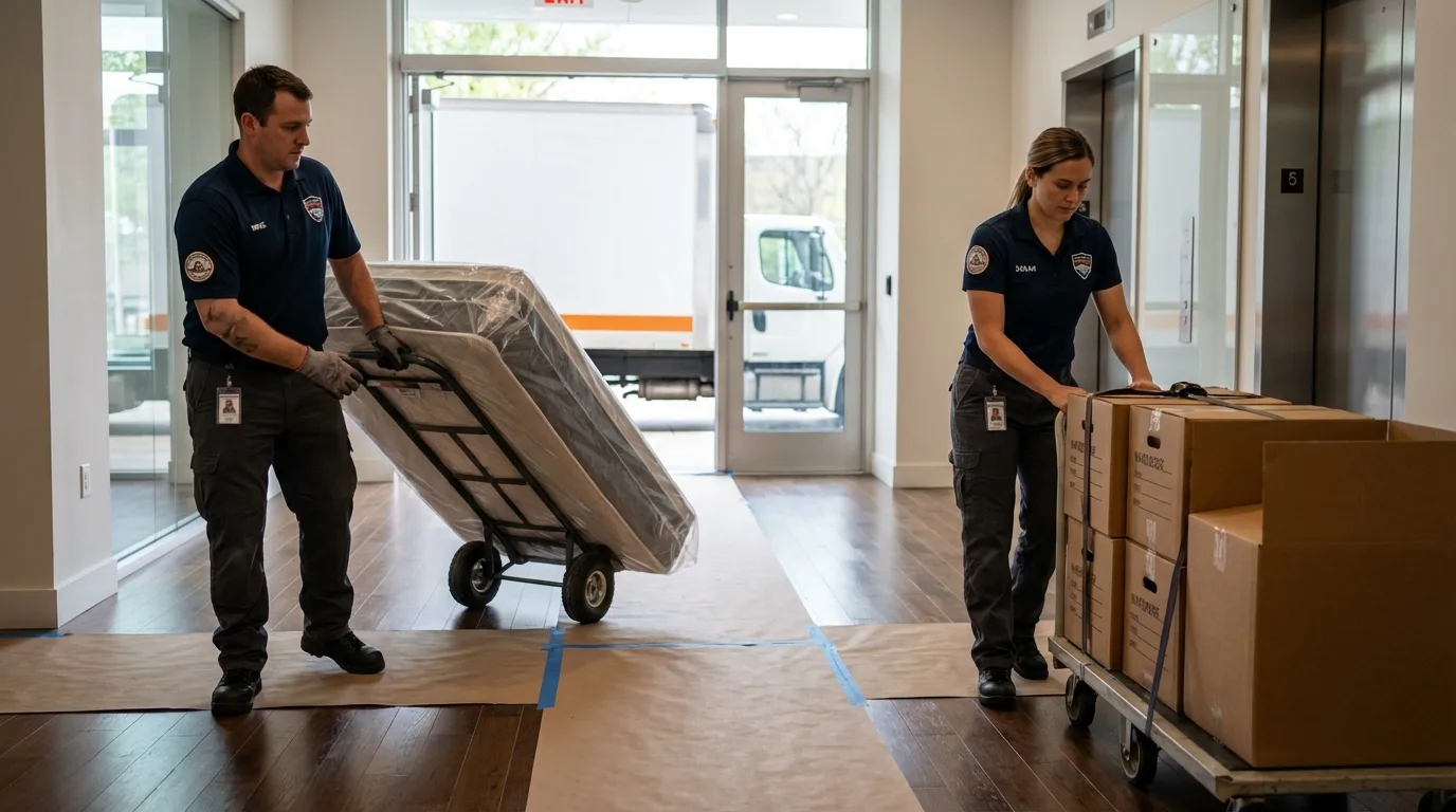 Professional apartment movers loading elevator in West Linn, OR