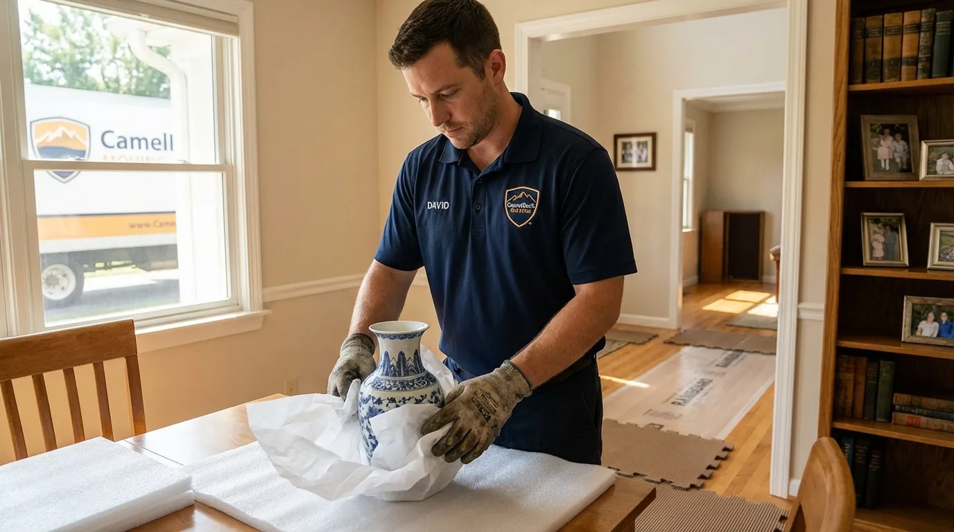 Professional crew carefully wrapping antique vase for senior downsizing move in West Linn, OR